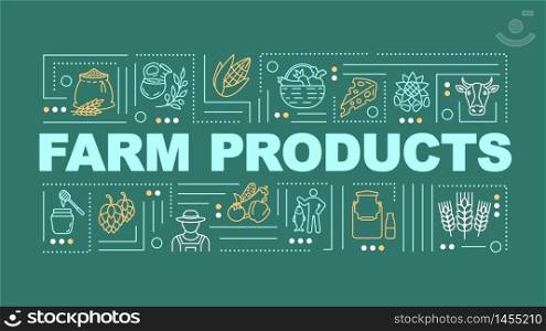 Farm product word concepts banner. Dairy and wheat, natural food. Infographics with linear icons on yellow green background. Isolated typography. Vector outline RGB color illustration. Farm product word concepts banner