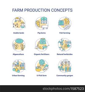 Farm production concept icons set. Natural gardening resourses. Innovational cultivation. Farm types idea thin line RGB color illustrations. Vector isolated outline drawings. Editable stroke. Farm production concept icons set