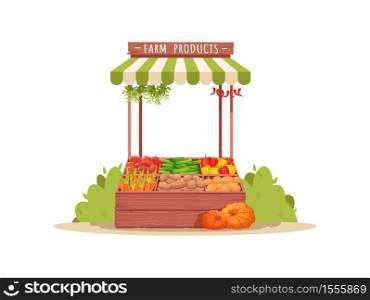 Farm products semi flat RGB color vector illustration. Seasonal harvest for sale on market counter. Fresh crop for trade. Local production of vegetables isolated cartoon object on white background. Farm products semi flat RGB color vector illustration