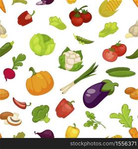 Farm products vegetables organic food seamless pattern vector cabbage and cauliflower pumpkin and leek eggplant, and tomato bell pepper or paprika mushrooms and broccoli beetroot and carrot cucumbers. Vegetables organic food seamless pattern farm products