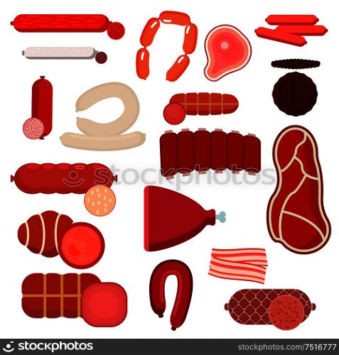 Farm-raised meat products with fresh beef and pork steaks, burger patty and smoked ribs, sliced bacon, dry cured ham and assorted of salami or pepperoni, bologna or smoked sausages. Colorful flat icons of meat food for butcher shop and recipe book themes design. Beef or pork steaks, ribs, bacon and sausages