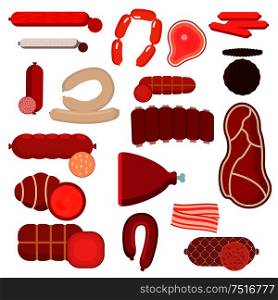 Farm-raised meat products with fresh beef and pork steaks, burger patty and smoked ribs, sliced bacon, dry cured ham and assorted of salami or pepperoni, bologna or smoked sausages. Colorful flat icons of meat food for butcher shop and recipe book themes design. Beef or pork steaks, ribs, bacon and sausages