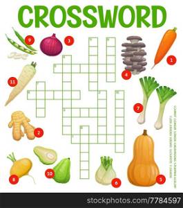 Farm raw vegetables and mushrooms, crossword puzzle worksheet to find word, vector quiz game grid. Kids education crossword riddle to guess word of carrot, avocado and onion with pumpkin and beans. Vegetables, mushrooms, crossword puzzle worksheet