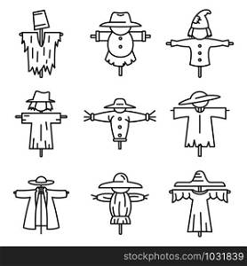 Farm scarecrow icons set. Outline set of farm scarecrow vector icons for web design isolated on white background. Farm scarecrow icons set, outline style