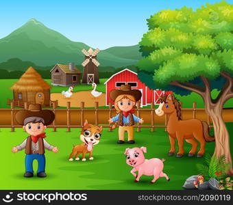 Farm scenes with different animals and farmers in the farmyard