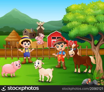 Farm scenes with different animals and farmers in the farmyard