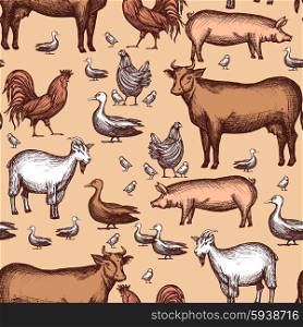 Farm seamless pattern with domestic animals hand drawn vector illustration. Farm Seamless Pattern
