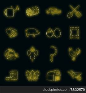 Farm set icons in neon style isolated on a black background. Farm icons set vector neon