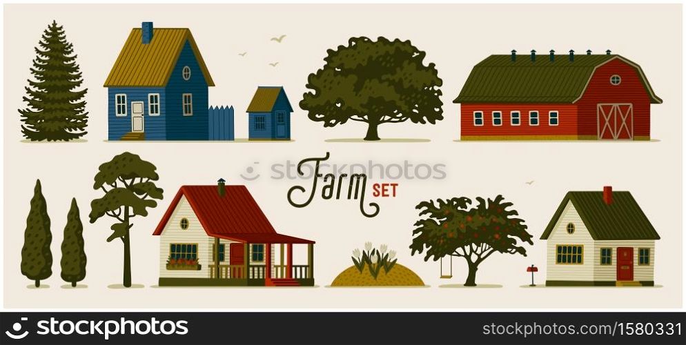 Farm set. Various Rural houses, barns and different trees. Vector illustration in flat cartoon style on light background. Farm set. Various Rural houses, barns and different trees.