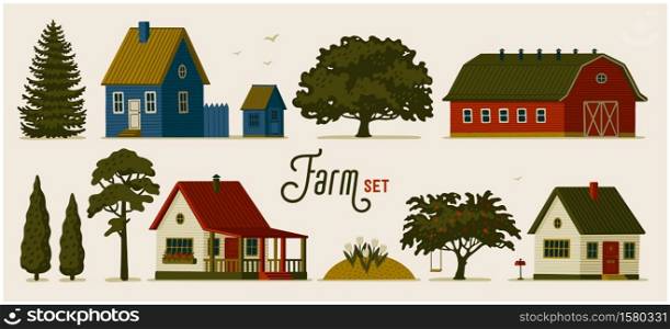 Farm set. Various Rural houses, barns and different trees. Vector illustration in flat cartoon style on light background. Farm set. Various Rural houses, barns and different trees.
