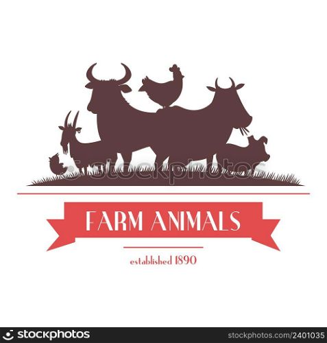 Farm shop signboard or label two-color design with livestock animals and chickens silhouettes abstract vector illustration . Farm Animals Label Or Signboard Design