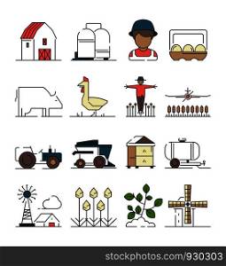 Farm symbols. Agricultural objects wheat field with farm machine combine on plantation vector linear icon. Illustration of agriculture and combine tractor. Farm symbols. Agricultural objects wheat field with farm machine combine on plantation vector linear icon