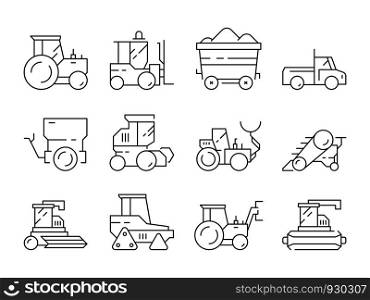 Farm transport. Agricultural heavy machines bulldozer harvester tractor vector linear symbols isolated. Agricultural bulldozer, machine transport tractor for assembly illustration. Farm transport. Agricultural heavy machines bulldozer harvester tractor vector linear symbols isolated