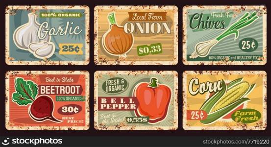 Farm vegetable rusty plates of vector bell pepper, onion, garlic, corn and beet with green leaves, husk and cloves. Vintage tin signboards with fresh organic veggies, farmer market and grocery design. Farm vegetable rusty plates, pepper, onion, corn