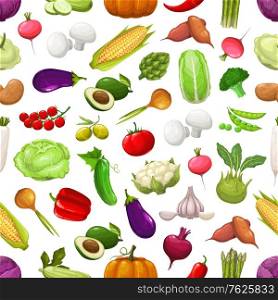 Farm vegetables and greenery seamless pattern. Vector avocado, asparagus, chili and bell pepper, eggplant, cucumber, onion, garlic and cabbage, radish. Fresh ripe veggies harvest on white background. Farm vegetables and greenery seamless pattern