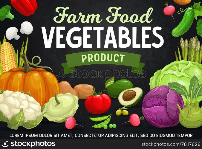 Farm vegetables, beans and mushrooms cartoon vector of veggie food. Tomato, pepper and cabbages, radish, cauliflower, broccoli and corn, green pea, asparagus, cucumbers and avocado, olives and pumpkin. Farm vegetables, beans, mushrooms cartoon vector