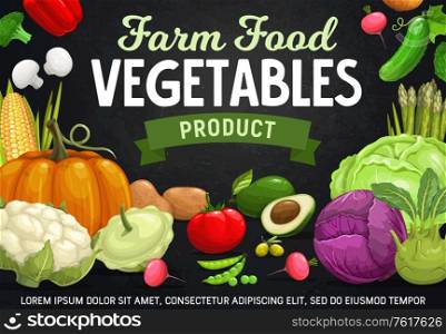 Farm vegetables, beans and mushrooms cartoon vector of veggie food. Tomato, pepper and cabbages, radish, cauliflower, broccoli and corn, green pea, asparagus, cucumbers and avocado, olives and pumpkin. Farm vegetables, beans, mushrooms cartoon vector
