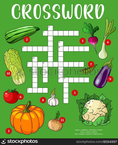 Farm vegetables crossword puzzle worksheet. Find a word quiz game grid. Kids text riddle or vector puzzle with zucchini, radish and onion, pea, eggplant and cauliflower, garlic, pumpkin and tomato. Farm vegetables crossword grid puzzle worksheet