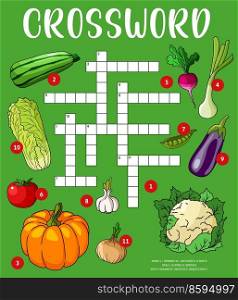 Farm vegetables crossword puzzle worksheet. Find a word quiz game grid. Kids text riddle or vector puzzle with zucchini, radish and onion, pea, eggplant and cauliflower, garlic, pumpkin and tomato. Farm vegetables crossword grid puzzle worksheet