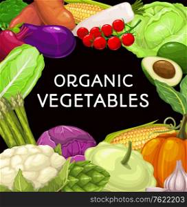 Farm vegetables food vector frame. Broccoli and cauliflower, yam and eggplant, cherry tomato, salad and avocado, corn and radish, chinese cabbage and pumpkin, pattypan squash, artichoke. Farm vegetables vector square frame