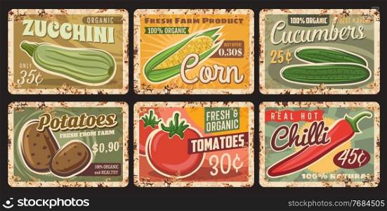 Farm vegetables harvest rusty metal plate. Zucchini, corn and cucumbers, potatoes, tomatoes and chili pepper tin signs. Local organic farm healthy, fresh and natural vegetables vector grungy plates. Organic farm fresh vegetables rusty metal plate