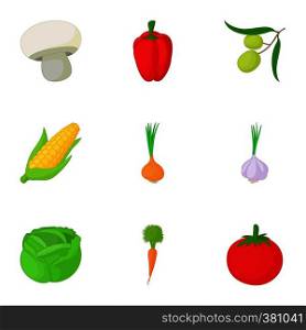 Farm vegetables icons set. Cartoon illustration of 9 farm vegetables vector icons for web. Farm vegetables icons set, cartoon style