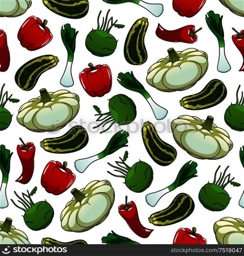 Farm vegetables seamless background. Wallpaper with pattern of fresh vegetarian food pepper, zucchini, paprika, celery, kohlrabi, chili. Vegan design for grocery store, food market, product shop, decoration. Farm vegetables seamless pattern background
