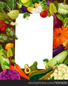 Farm vegetables, vegetarian diet recipe frame. Vector zucchini, cauliflower and eggplant, pumpkin, beetroot and pattypan squash, onion, tomato and endive, cabbage, kohlrabi, carrot and artichoke. Vegetables salad recipe, vegetarian diet frame