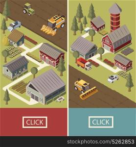 Farm Vehicles Isometric Banners. Isometric vertical banners with farm vehicles cultivated lands agricultural buildings garden beds and tracks isolated vector illustration