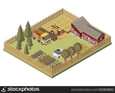 Farm Vehicles Isometric Design. Farm vehicles isometric design with agricultural buildings cultivated lands apple trees garden beds with harvest vector illustration