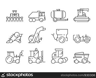 Farm vehicles. Tractor harvester buldozer village heavy machinery construction agriculture vector icons. Illustration of bulldozer and harvesting lorry, haymaking machine. Farm vehicles. Tractor harvester buldozer village heavy machinery construction agriculture vector icons