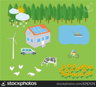 Farm vellage landscape life background with item icons