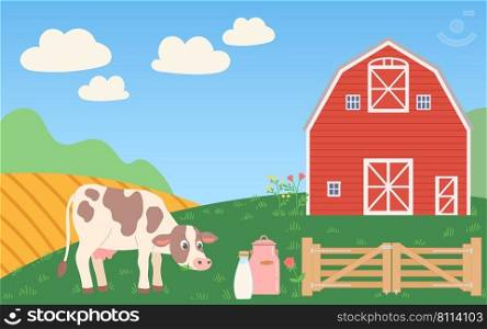 Farm with cow and barn, wooden fence and green, flat design vector illustration