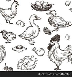 Farm with geese and hens, rooster and eggs seamless pattern vector. Monochrome sketches outline and food, meat of poultry, nest and fried chicken wings. Food and animals, rural area creatures. Farm with geese and hens, rooster and eggs pattern vector
