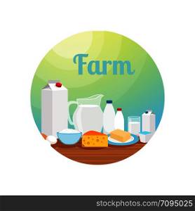 Farm with milk food circle icon or sticker design. Vector illustration. Farm with milk food circle icon