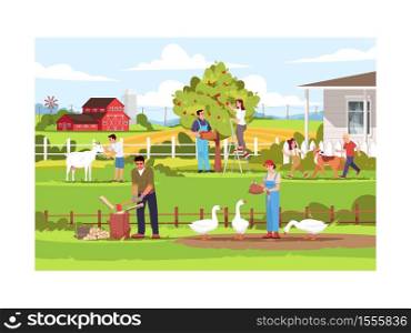Farm work semi flat vector illustration. Man cut wood. Woman feed geese. People collect apple crop. Children play on ranch. Rural lifestyle activity. Farmers 2D cartoon characters for commercial use. Farm work semi flat vector illustration