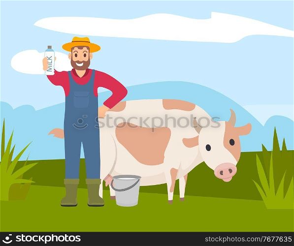 Farm worker with cow. Farmer in overalls, hat and rubber boots is standing in a green meadow near a white spotted cow and holding in his hand a bottle of milk. Agriculture rural landscape, dairy theme. Farmer with cow icon. Farm worker is standing near the cow in a meadow and holding a bottle of milk