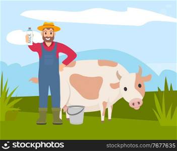 Farm worker with cow. Farmer in overalls, hat and rubber boots is standing in a green meadow near a white spotted cow and holding in his hand a bottle of milk. Agriculture rural landscape, dairy theme. Farmer with cow icon. Farm worker is standing near the cow in a meadow and holding a bottle of milk