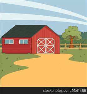 Farm yard landscape with red wooden barn animal.. Farm yard landscape with red wooden barn animal