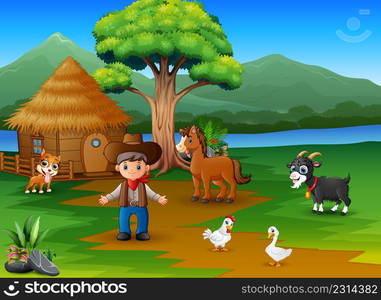 Farmer activity on the beautiful nature with animal farm