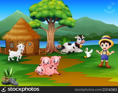 Farmer activity on the beautiful nature with animal farm