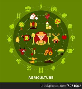 Farmer Agriculture Round Composition. Agriculture background with circle composition of plants and animals silhouette pictograms with farming equipment colorful icons vector illustration
