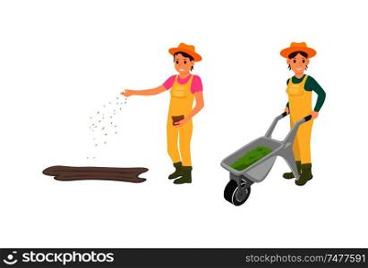 Farmer agriculture work of isolated icons. Woman sowing seeds from bag and farmer female pushing trolley with compost for soil fertilization vector. Farmer Agriculture Work Set Vector Illustration