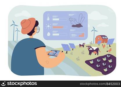 Farmer analyzing data on eco farming isolated flat vector illustration. Farmer working with data on feeding cows. Automation, implementation and smart technology concept
