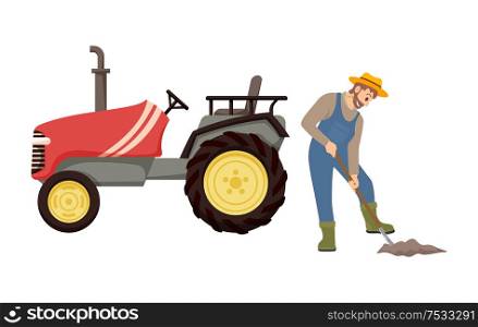 Farmer and agricultural machinery, vector banner. Man in uniform digging with shovel and small compact tractor working on farm, farming equipment. Farmer and Agricultural Machinery, Vector Banner