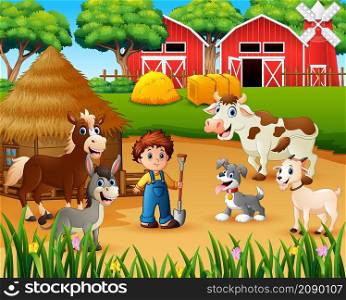 Farmer and farm animal in the farmyard