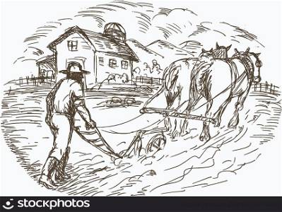 Farmer and horse plowing the field with barn farmhouse