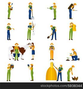 Farmer at work flat icons set. Farmer at work flat icons collection of orchard crops harvesting and raising livestock abstract isolated vector illustration