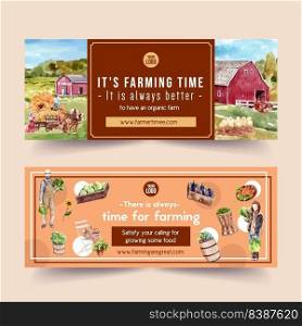 Farmer banner design with chicken, haystack watercolor illustration,  