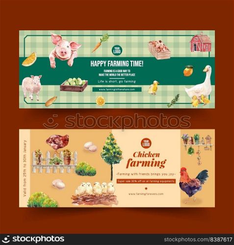 Farmer banner design with duck, pig, tree watercolor illustration,  
